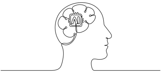 Wall Mural - linear robot head. continuous line drawing head with artificial intelligence technology brain. vecto