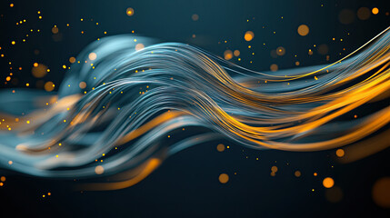 dynamic abstract image featuring flowing lines in blue and orange, creating sense of movement and energy. background is dark with glowing particles enhancing visual appeal