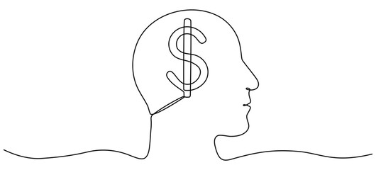 Wall Mural - continuous line drawing head with dollar sign inside. earn money mind concept. vector illustration i