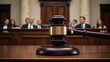© Pixel Matrix - Courtroom scene featuring judge holding a gavel as sign of justice before an attentive audience