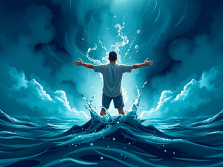 Poster - A man is in the water, with his arms outstretched. The water is blue and the sky is cloudy. The man is in a state of peace and happiness