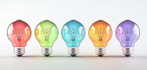 Leinwandbilder - Colorful light bulbs arranged in a row. Each bulb features a different vibrant hue against a subtle background, ideal for creative projects and design inspirations.