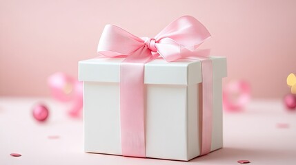 A minimalist backdrop highlights a white gift box adorned with a pink ribbon bow, creating an elegant setting for the gift box and providing ample space for design elements.