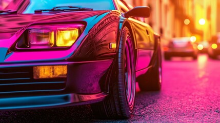 A close-up of a vintage sports car in a neon-lit city at night.