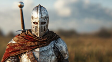 A medieval knight in full armor stands in a field, his sword at his side.