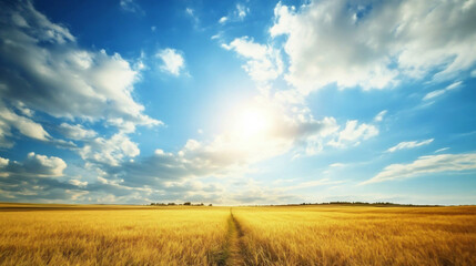 Wall Mural - A stunning view of golden fields stretching to the horizon, under a vibrant blue sky filled with fluffy white clouds.