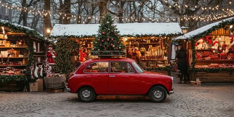 Red car with a Christmas tree on the roof, parked outside a holiday market.