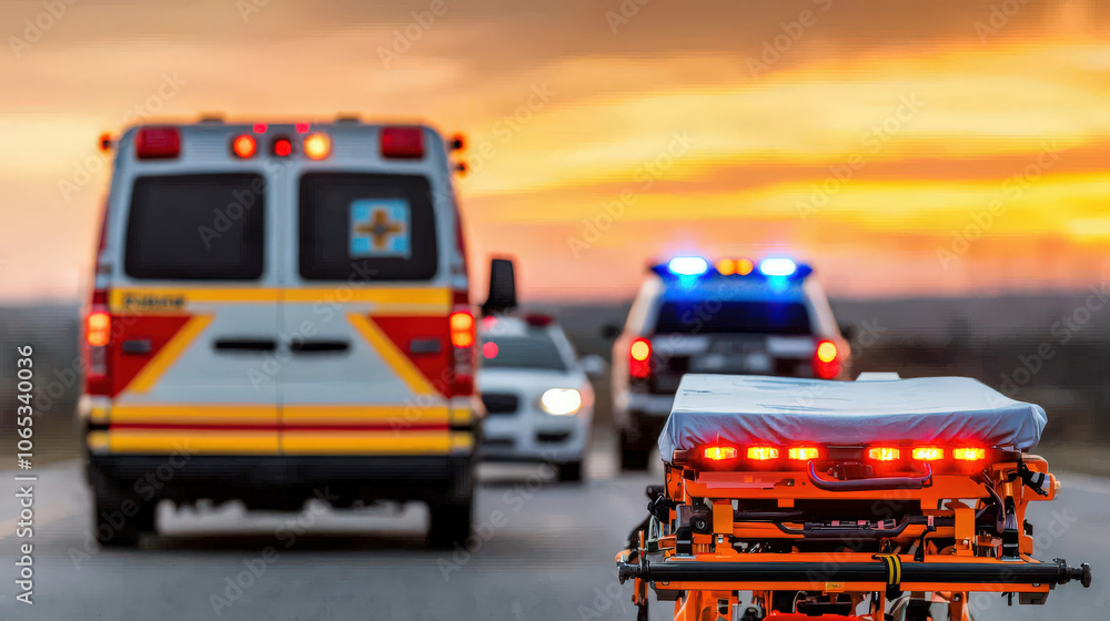 Emergency response scene with ambulance and stretcher at sunset ...