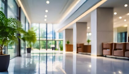 Warehouse or office, inside a modern office building, amidst bright lights and blurry colors.	