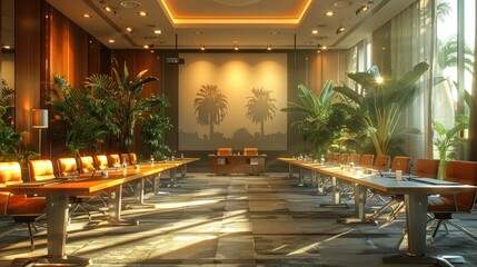 Wall Mural - An elegant conference room illuminated by natural light, adorned with tropical plants and modern furniture. Generative AI