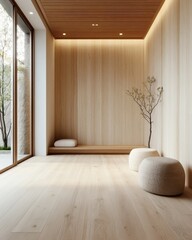 Wall Mural - Minimalist Zen Laundry Room with Natural Wood Elements