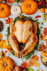 Turkey on platter surrounded by fall leaves, pumpkins, autumn scene