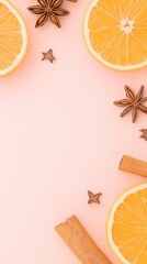 Anise stars, cinnamon sticks on pink background, cozy spice theme.