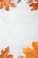 Wall Mural - Autumn leaves and pine cones on white background, fall season theme.