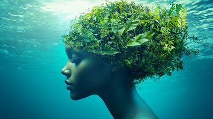 Wall Mural - Woman with Green Foliage Crown Submerged Underwater.