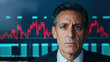 © Nattapol - middle aged businessman looks intently at stock market data, reflecting concern and focus. background features digital display of market trends and graphs