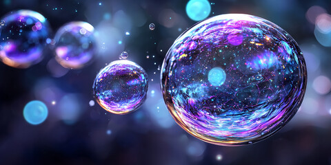 Aufkleber - Glowing abstract shapes float in virtual space, creating mesmerizing and colorful scene. vibrant bubbles reflect light, adding sense of wonder and fantasy to digital artwork