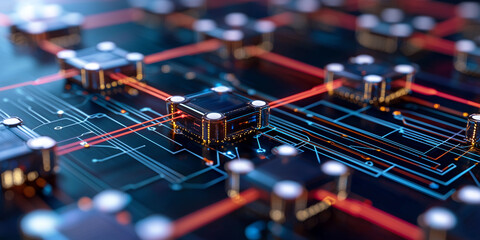 Poster - Glowing circuit patterns on dark background symbolize advanced technology and innovation, showcasing intricate electronic connections and futuristic design elements