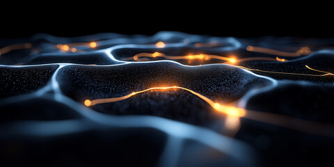 Poster - Glowing circuit patterns on dark background symbolize advanced technology and innovation, creating futuristic and dynamic atmosphere