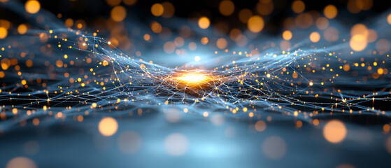 Poster - glowing network of interconnected nodes and lines, illuminated by vibrant neon lights, creates futuristic and dynamic cityscape from bird eye view