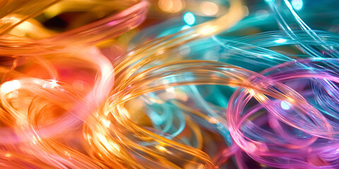 Aufkleber - Vibrant glowing fiber optic strands swirl in abstract pattern, creating mesmerizing display of colorful light. dynamic movement and vivid hues evoke sense of energy and wonder