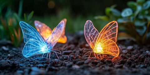Poster - Glowing neon butterflies fluttering in dark garden, creating magical atmosphere with vibrant colors and intricate designs