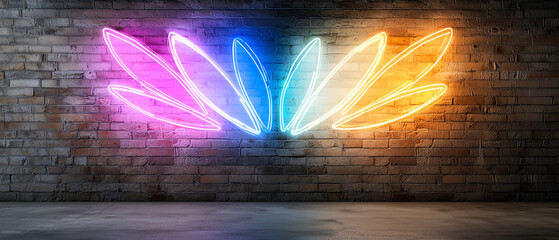 Aufkleber - Glowing neon sign with abstract design symbolizing wings on brick wall