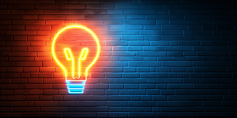 Aufkleber - glowing neon light bulb sign illuminates dark brick wall, creating vibrant and modern atmosphere. bright orange and blue colors contrast beautifully, symbolizing creativity and innovation
