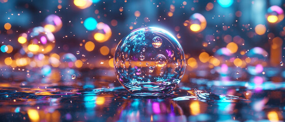 Poster - mesmerizing scene of glowing rainbow colored bubbles floating in dark, reflective space, creating magical and vibrant atmosphere
