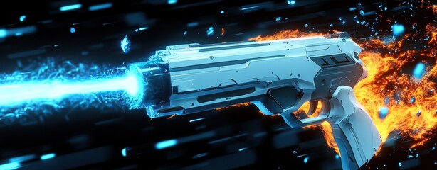 Wall Mural - 3d rendering of a game scene, featuring a white high-tech gun with orange and blue light