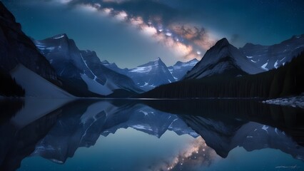 ‏A breathtaking view of the Milky Way illuminating the night sky over towering mountains.Generative Ai