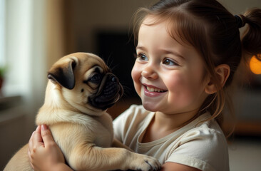 Happy smiling little child with his puppy