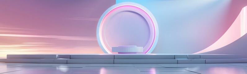 Sticker - Podium background 3D light tech stage future platform game abstract. Podium 3D background technology room product circle glow effect portal stand studio scene white design ring modern display space. 