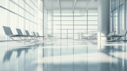 Leinwandbilder - Sunlight streams through large windows in a modern airport waiting area, casting a bright glow on empty seats. The futuristic design creates a stylish atmosphere perfect for travelers