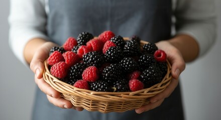 Wall Mural - Fresh raspberries blackberries held in basket