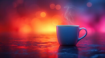 Wall Mural - Soft steam rises from a cozy cup of coffee as colorful lights create a warm, inviting ambiance at dusk. Generative AI