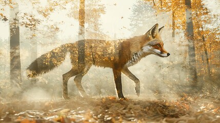 Poster - A Red Fox Walking Through a Misty Forest in Autumn.