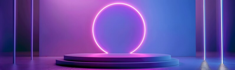 Wall Mural - Podium background 3D light tech stage future platform game abstract. Podium 3D background technology room product circle glow effect portal stand studio scene white design ring modern display space. 