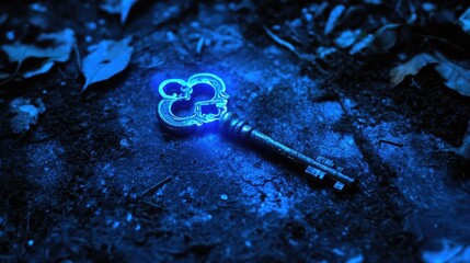 Wall Mural - Old-fashioned key under a soft blue glow, lying isolated, evoking intrigue and wonder