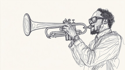 abstract line drawing of jazz trumpeter, black and white line art, isolated on white background with space for copy