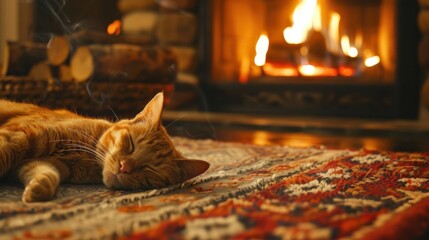 A cozy fireplace scene with a cat napping on a rug, with a warm fire crackling in the background