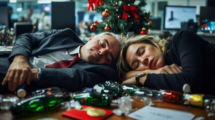 Two work colleagues are asleep in their place of work, looking dishevelled and surrounded by evidence of an office Christmas party, landscape 16:9