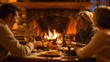 © Pat J. - A family sharing a cozy dinner by the fireplace, with a warm, intimate ambiance