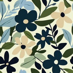 Colorful floral pattern with blue and beige flowers on a light background.