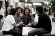 © Milos - A group of four friends gather on a shopping mall bench, sharing laughter and conversation, creating a vibrant scene of connection and modern social life.