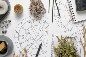 Wall Mural - astrology. astrologer calculates natal chart and makes a forecast of fate tarot cards, fortune telli