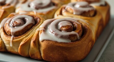 Delicious homemade cinnamon rolls with creamy icing on plate