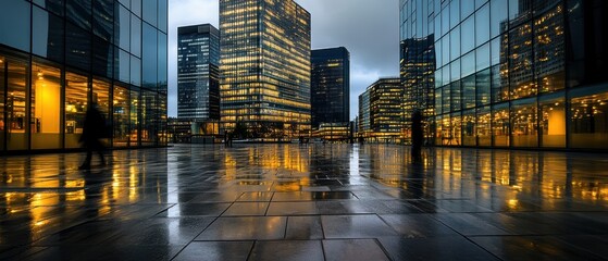 Canvas Print - A reflective urban scene showcasing modern skyscrapers illuminated against a moody evening sky, with rain-soaked streets enhancing the ambiance.