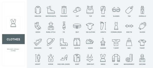 Wall Mural - sneakers and trousers, dress and bikini, female and male garment to wear thin black outline symbols 