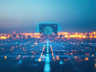 Poster - Sleek aircraft, virtual runway path, digital navigation hologram, city lights